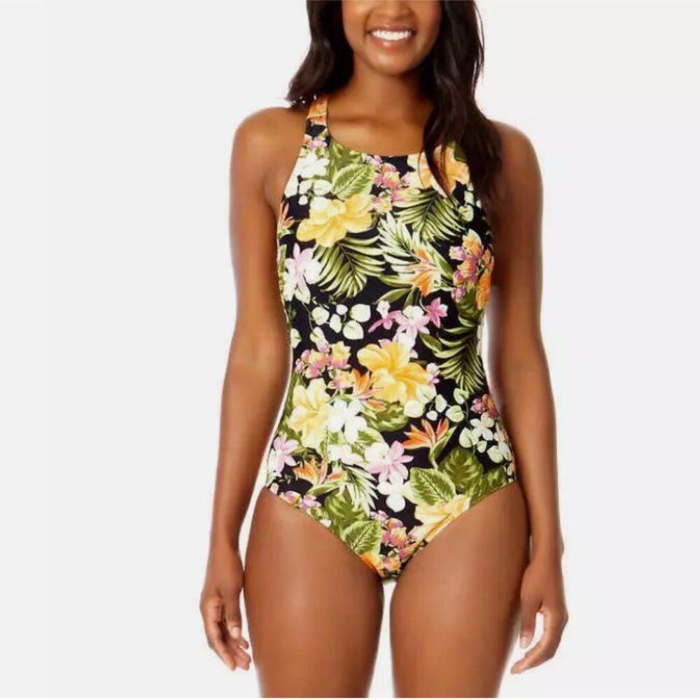 Hurley Womens Swimsuit Orange Multicolor Floral 1-PC UPF 50+ Stretch Midweight